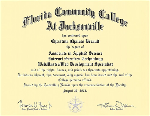 Florida Community College Degree for Christina Breault as Webmaster