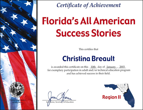 Christina Breault's Certificate of Achievement